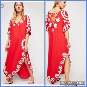 Free People Women’s M Red White Floral Laguna Surf Maxi Tee Dress